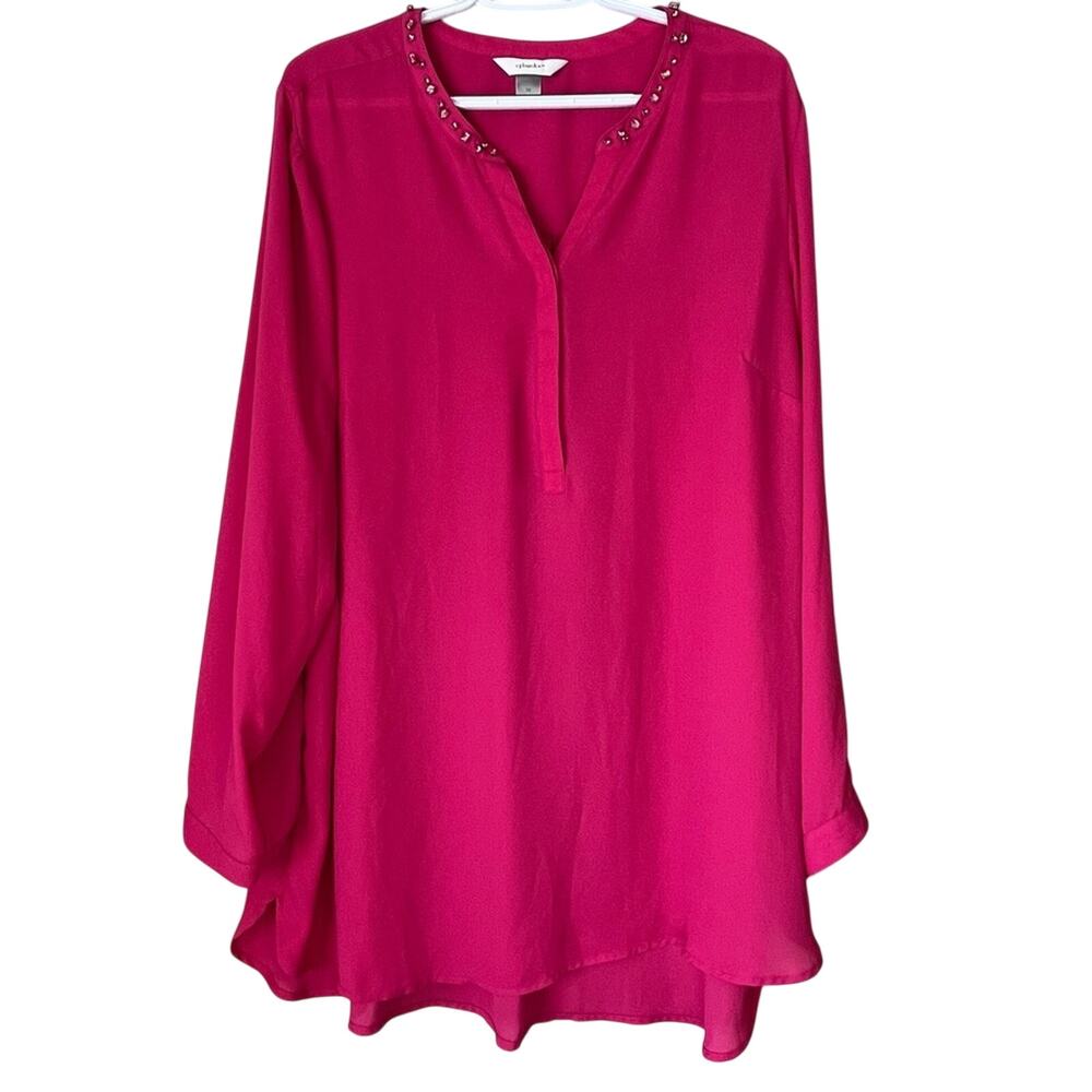 CJ Banks Pink Blouse with Pink Beaded Neckline Size 1X